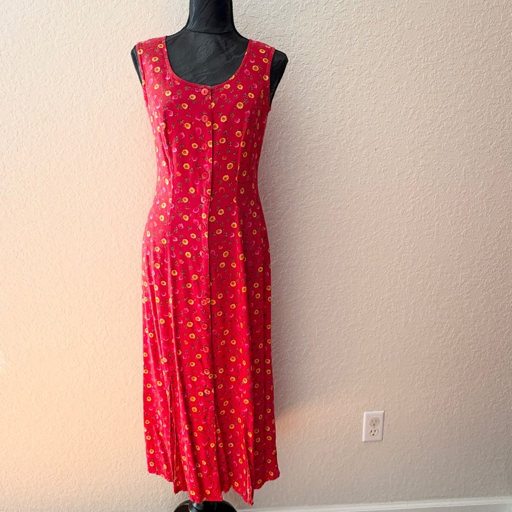 Alix Taylor Vintage 90s Red Floral Rayon Button Front Maxi Dress Womens Size 4
